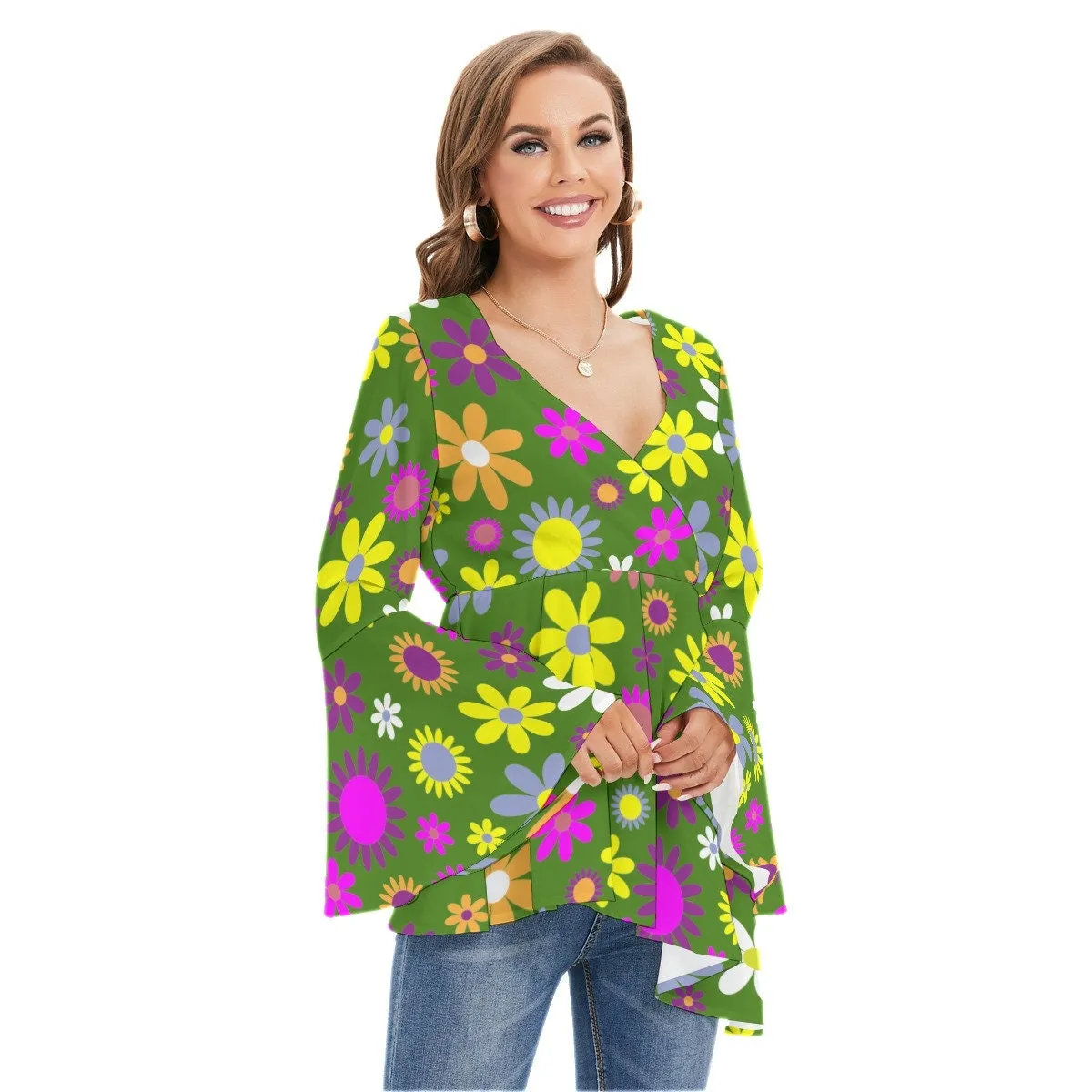 70s Style Top, 70s Style Blouse Women, Hippie Blouse, Hippie Top Women, Bell Sleeve Top Women, Boho Top, Bohemian Top, Floral Top Women