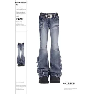 Aiertu Women's Vintage Baggy Blue Flare Jeans High Waist Denim Trousers Emo 2000s Y2k Harajuku 90s Aesthetic Wide Pants Trashy Clothes