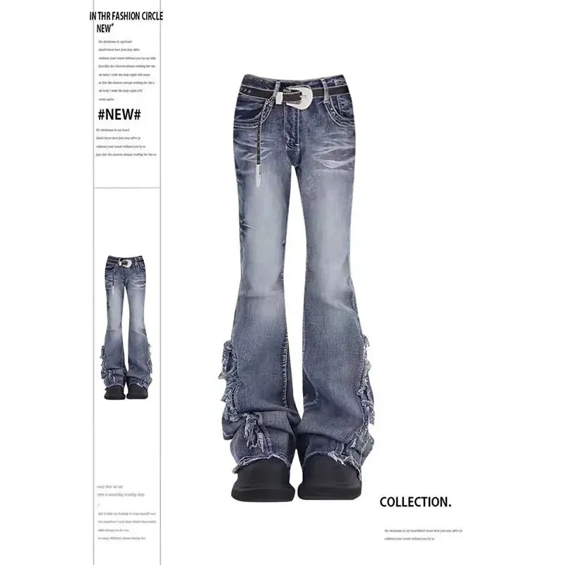 Aiertu Women's Vintage Baggy Blue Flare Jeans High Waist Denim Trousers Emo 2000s Y2k Harajuku 90s Aesthetic Wide Pants Trashy Clothes