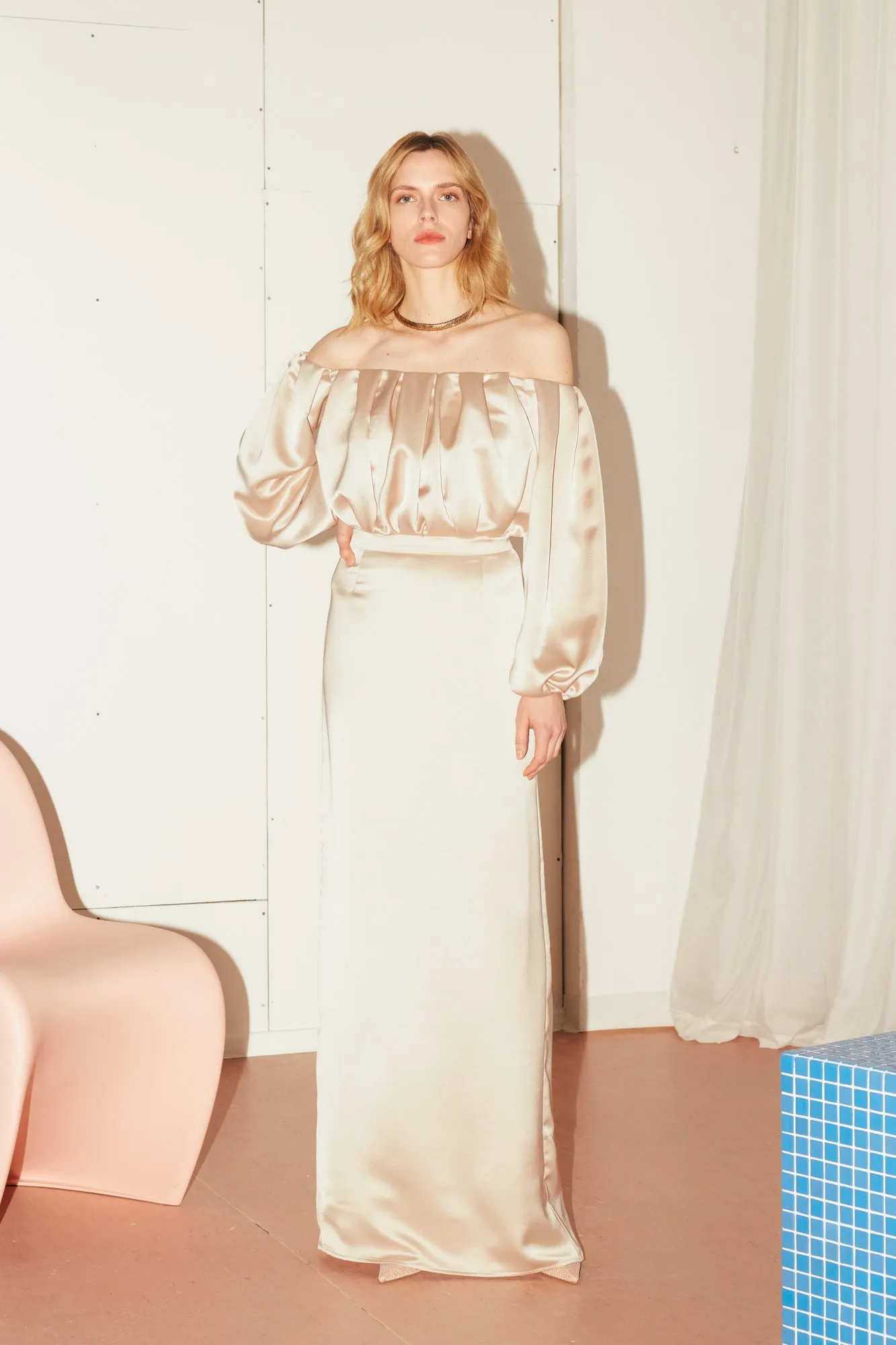 ALICE beige long off shoulder dress