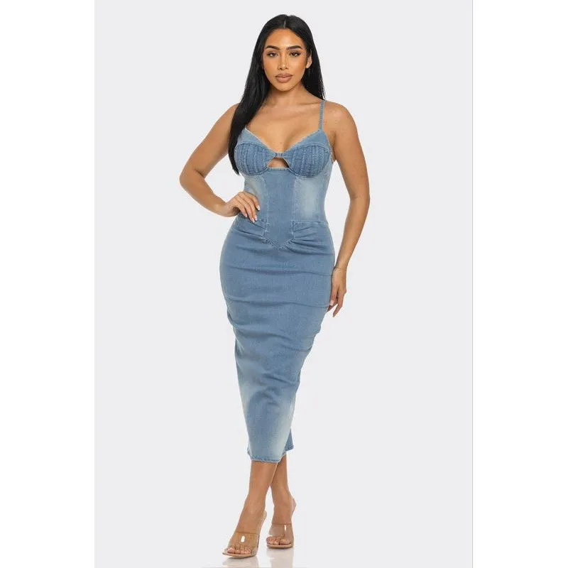 ATHINA CASUAL LIGHT WASHED DENIM MIDI DRESS