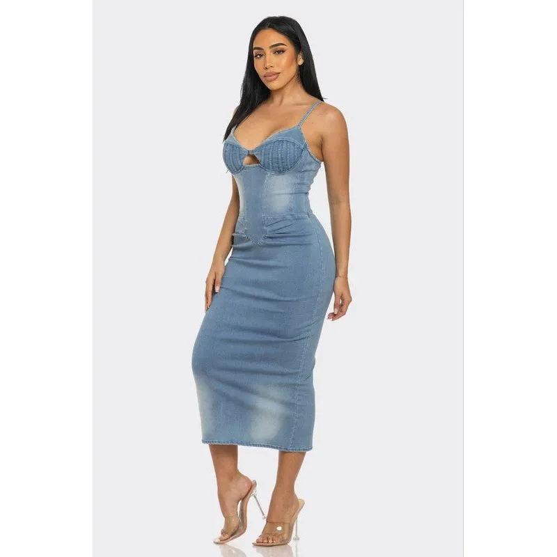 ATHINA CASUAL LIGHT WASHED DENIM MIDI DRESS