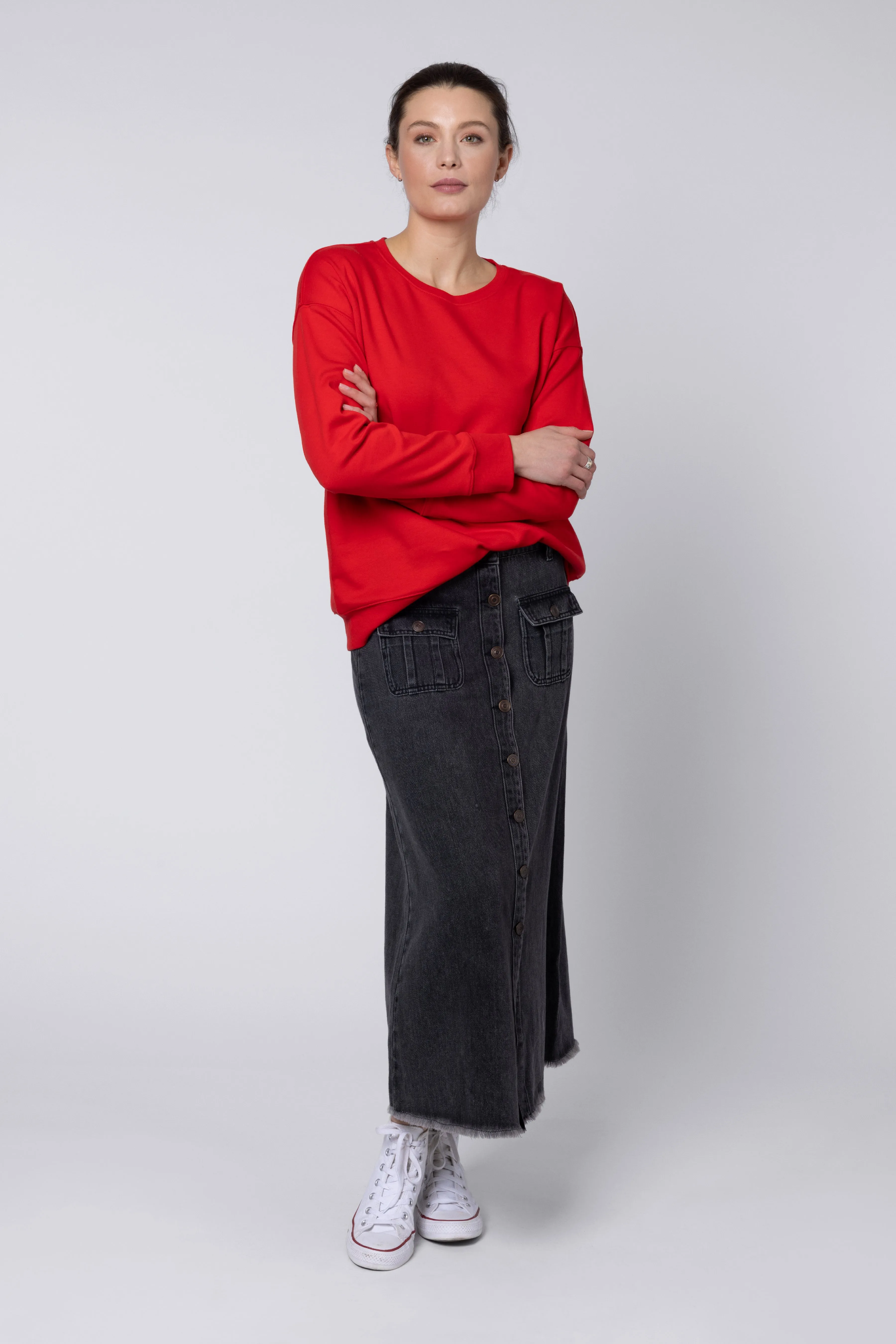 Bina Button Front Denim Skirt (Washed Black)