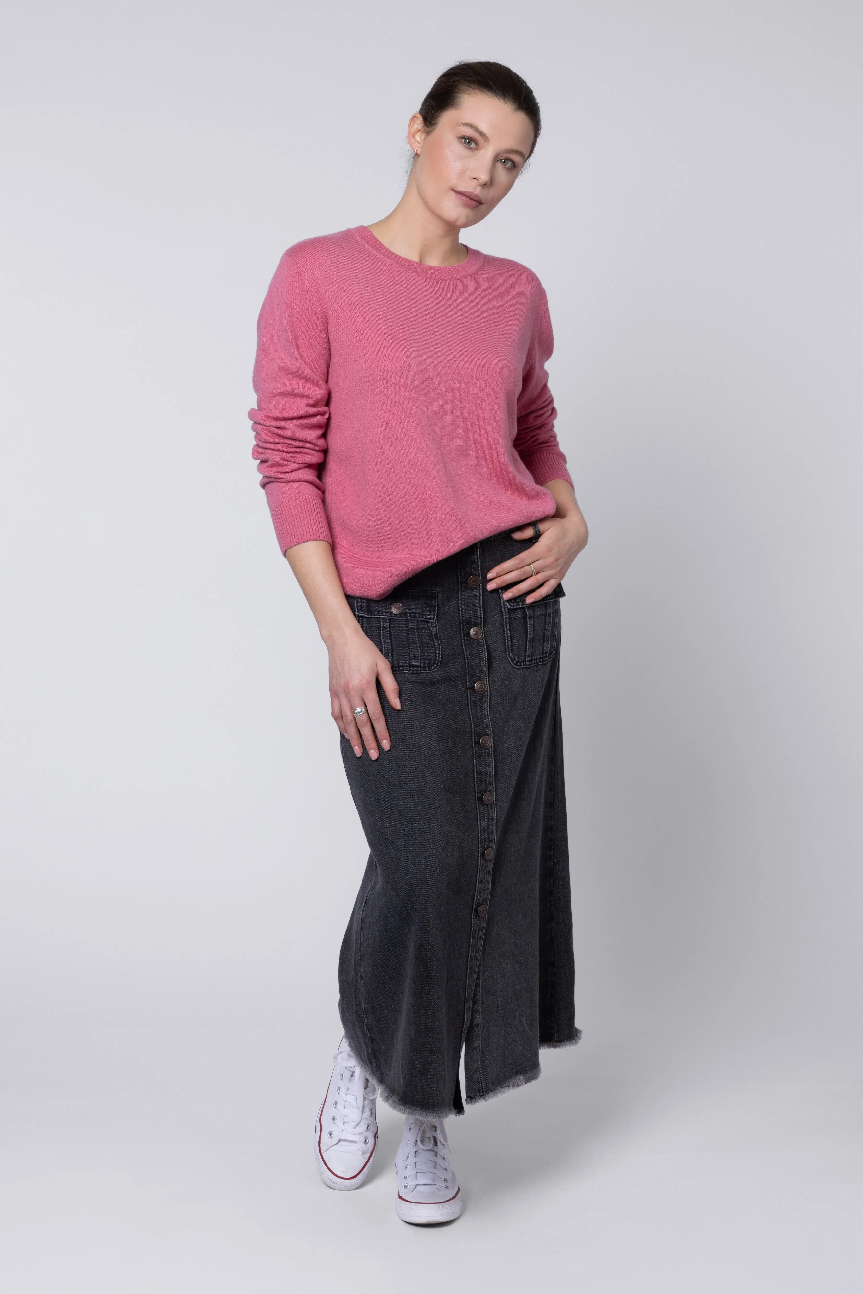 Bina Button Front Denim Skirt (Washed Black)