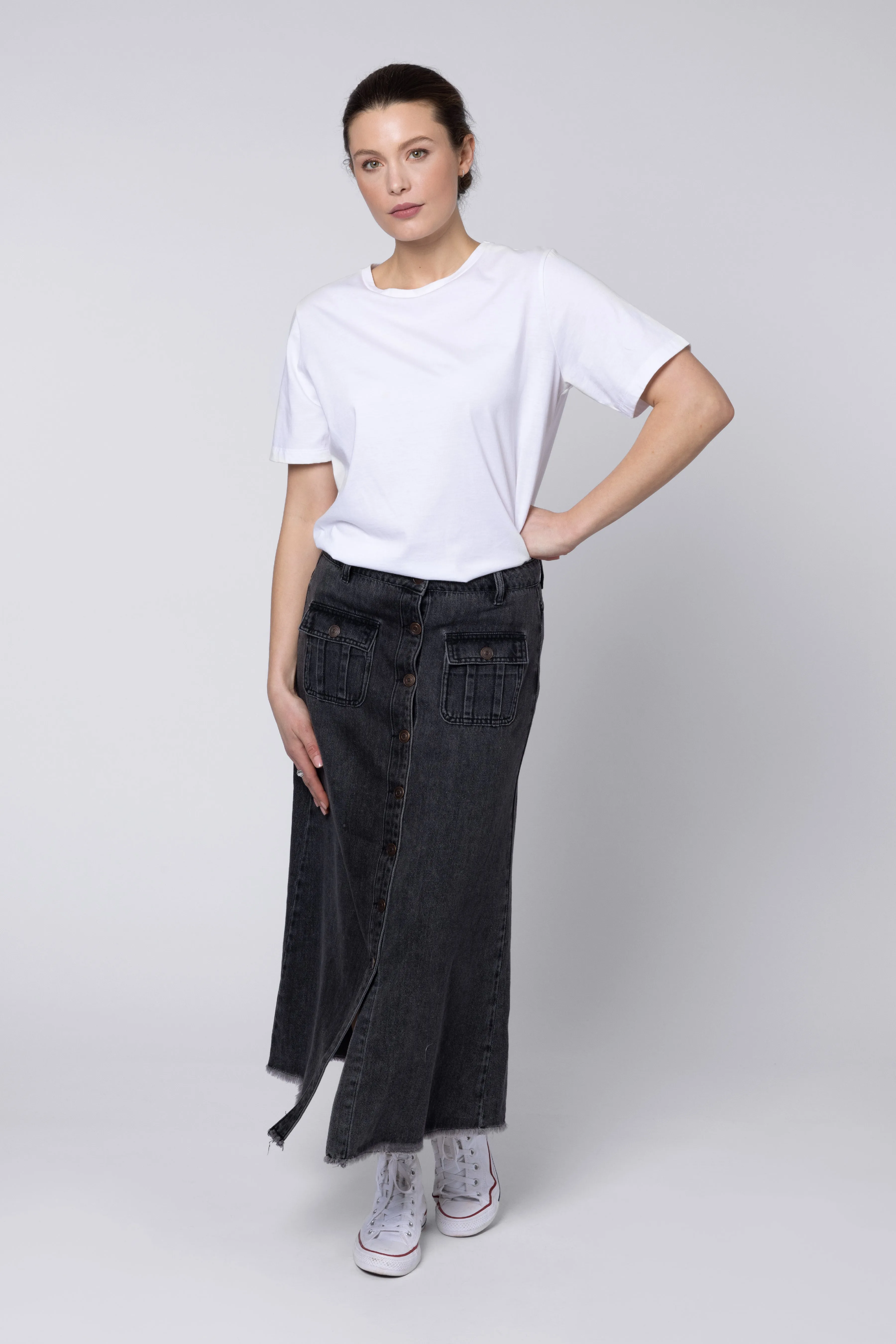 Bina Button Front Denim Skirt (Washed Black)