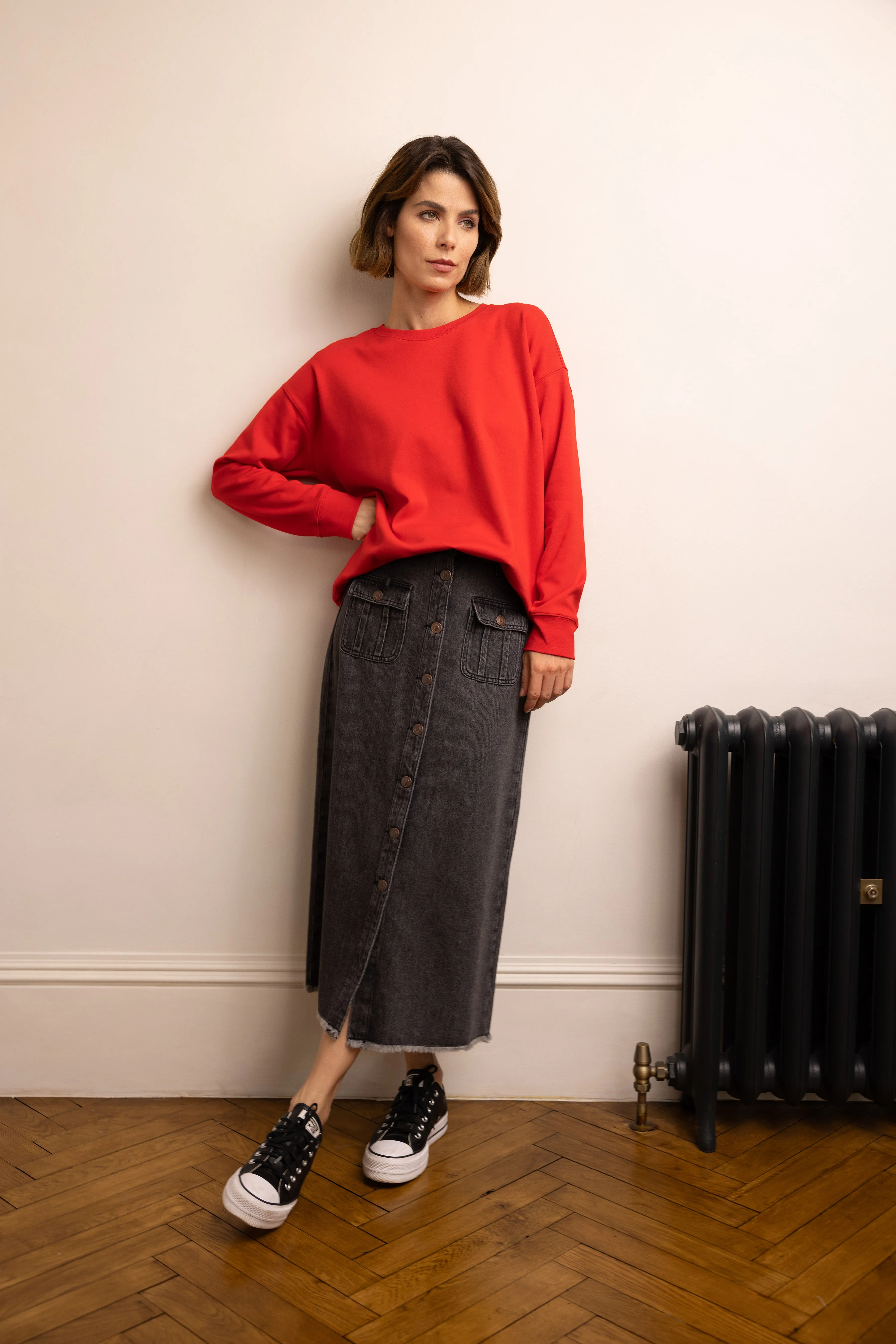 Bina Button Front Denim Skirt (Washed Black)