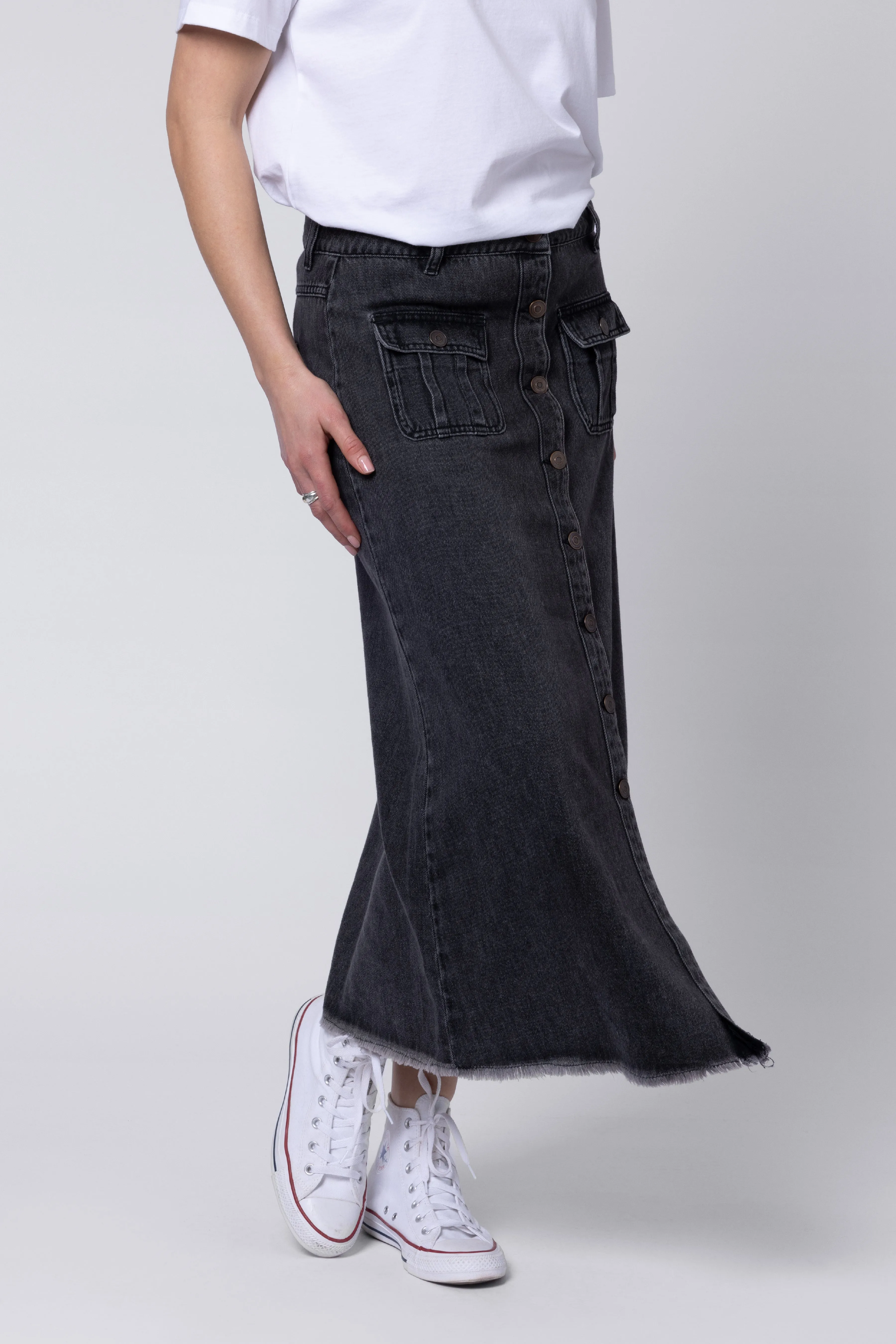 Bina Button Front Denim Skirt (Washed Black)