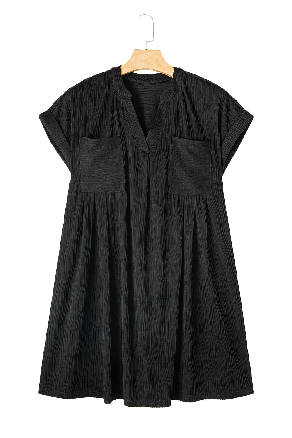 Black Textured V Neck Short Sleeve Pockted Mini Dress