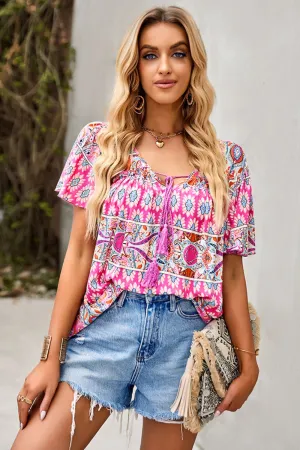Bohemian Print Tied Flutter Sleeve Blouse