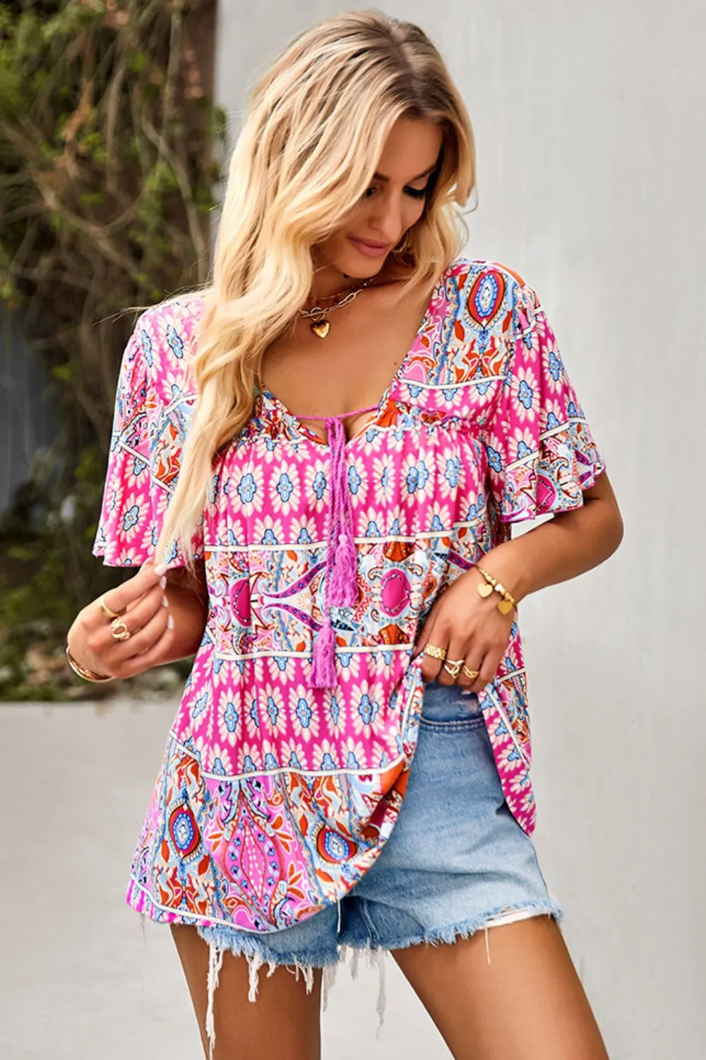 Bohemian Print Tied Flutter Sleeve Blouse
