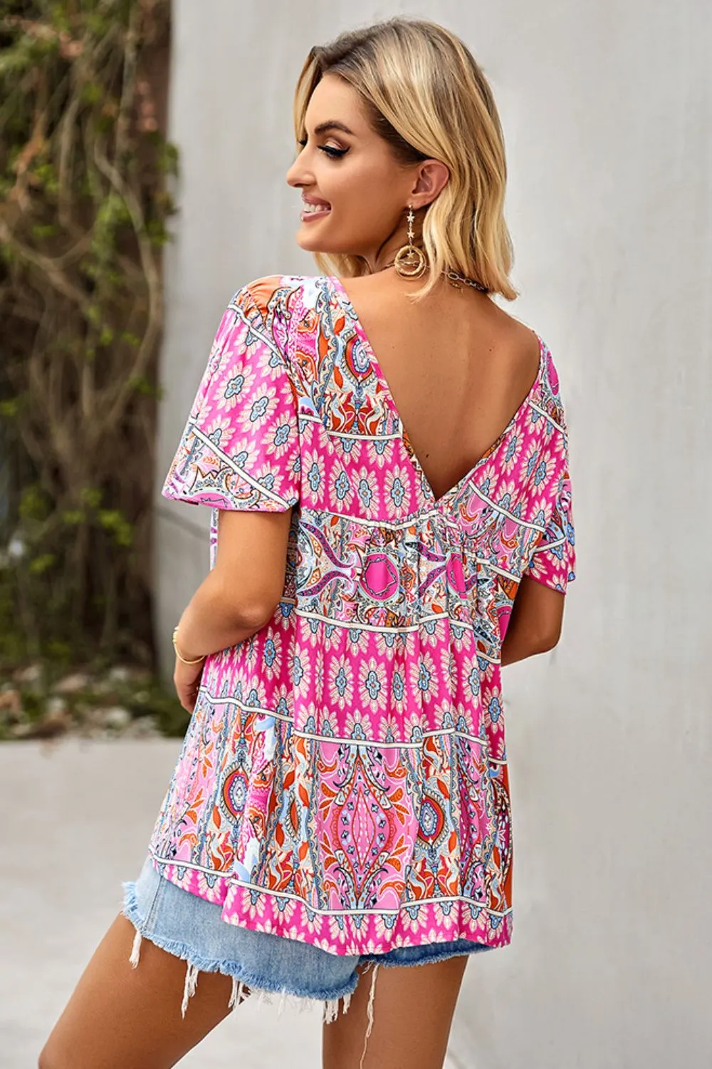 Bohemian Print Tied Flutter Sleeve Blouse