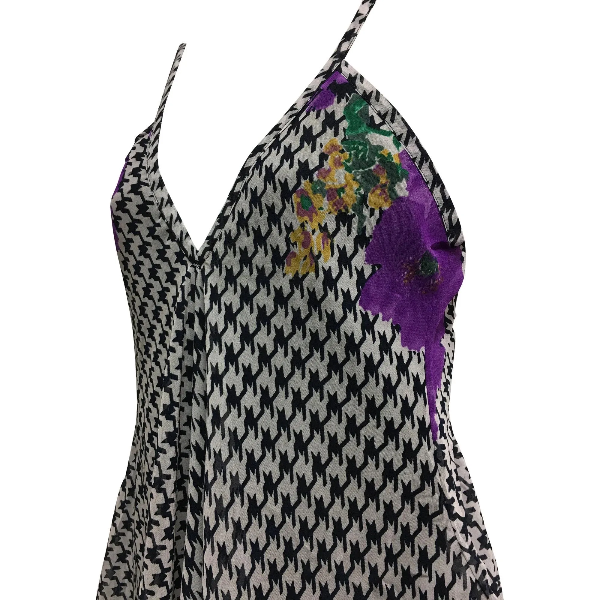 Bohemian V-Neck Chiffon Floral Geometric Print Long Sundress Sharkbite Hem Dress Spaghetti Strap Dress #10 Blue Floral