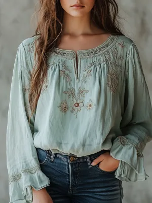 Boho V-neck Simple Embroidery Loose Blouse