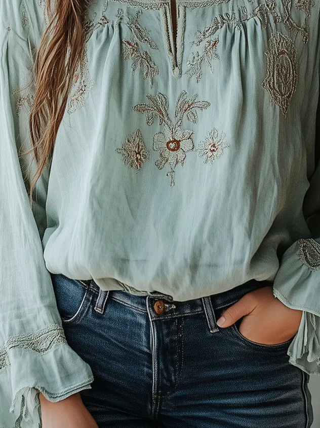 Boho V-neck Simple Embroidery Loose Blouse