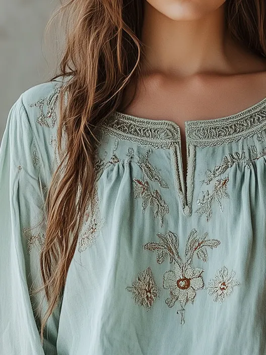 Boho V-neck Simple Embroidery Loose Blouse