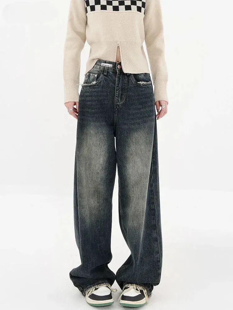 Bonnyshow Y2K Women Vintage Streetwear Korean Baggy Blue Jeans High Waist Straight Wide Leg Pants Denim Trousers Fairy Grunge Alt Clothes