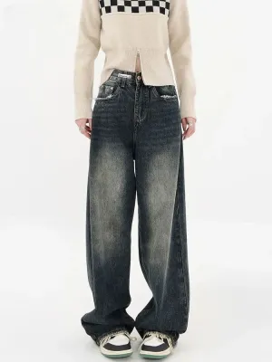 Bonnyshow Y2K Women Vintage Streetwear Korean Baggy Blue Jeans High Waist Straight Wide Leg Pants Denim Trousers Fairy Grunge Alt Clothes