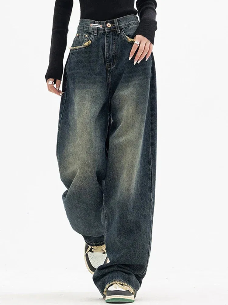 Bonnyshow Y2K Women Vintage Streetwear Korean Baggy Blue Jeans High Waist Straight Wide Leg Pants Denim Trousers Fairy Grunge Alt Clothes