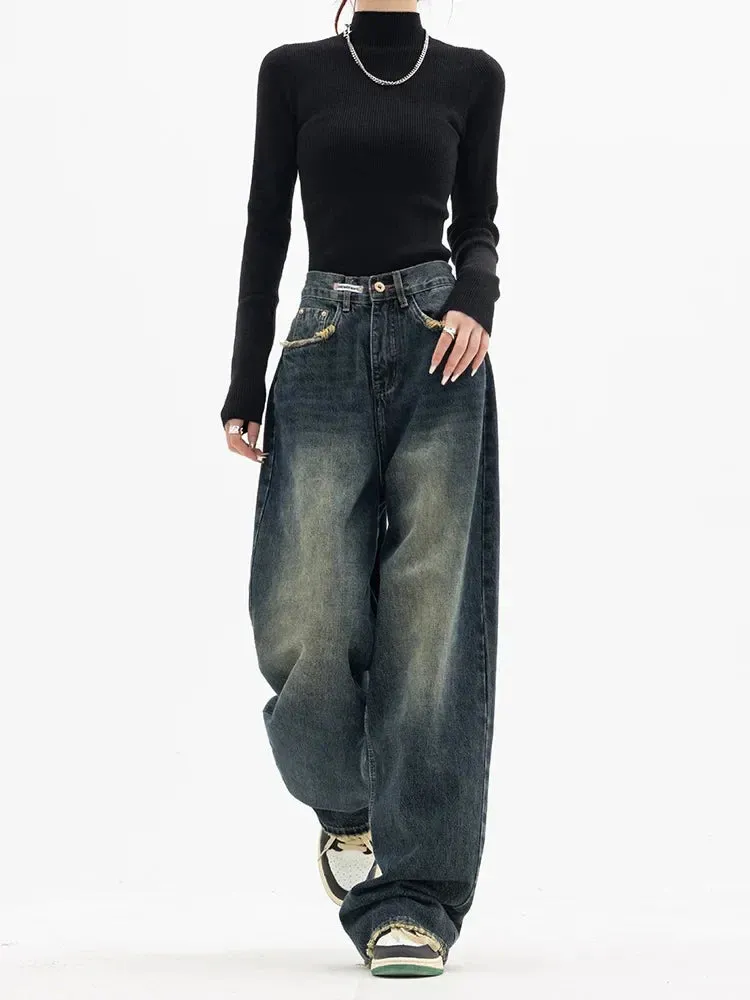 Bonnyshow Y2K Women Vintage Streetwear Korean Baggy Blue Jeans High Waist Straight Wide Leg Pants Denim Trousers Fairy Grunge Alt Clothes