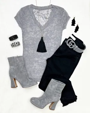 Burnout V Neck Tee - Grey
