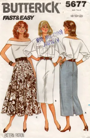 Butterick 5677 Womens Slim or Flared Skirts with Pockets 1980s Vintage Sewing Pattern Size 8 & 10