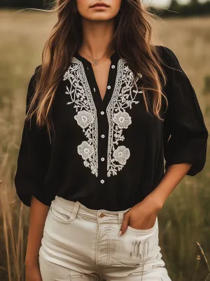 Chic Round Neck Flower Embroidery Black Shirt