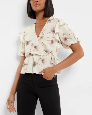 Conscious Edit Floral Ruffle Sleeve Peplum Blouse in Neutral Print