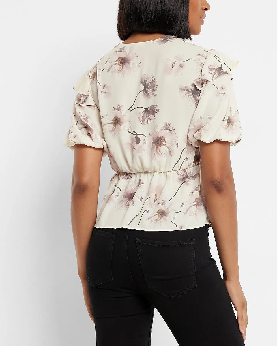 Conscious Edit Floral Ruffle Sleeve Peplum Blouse in Neutral Print