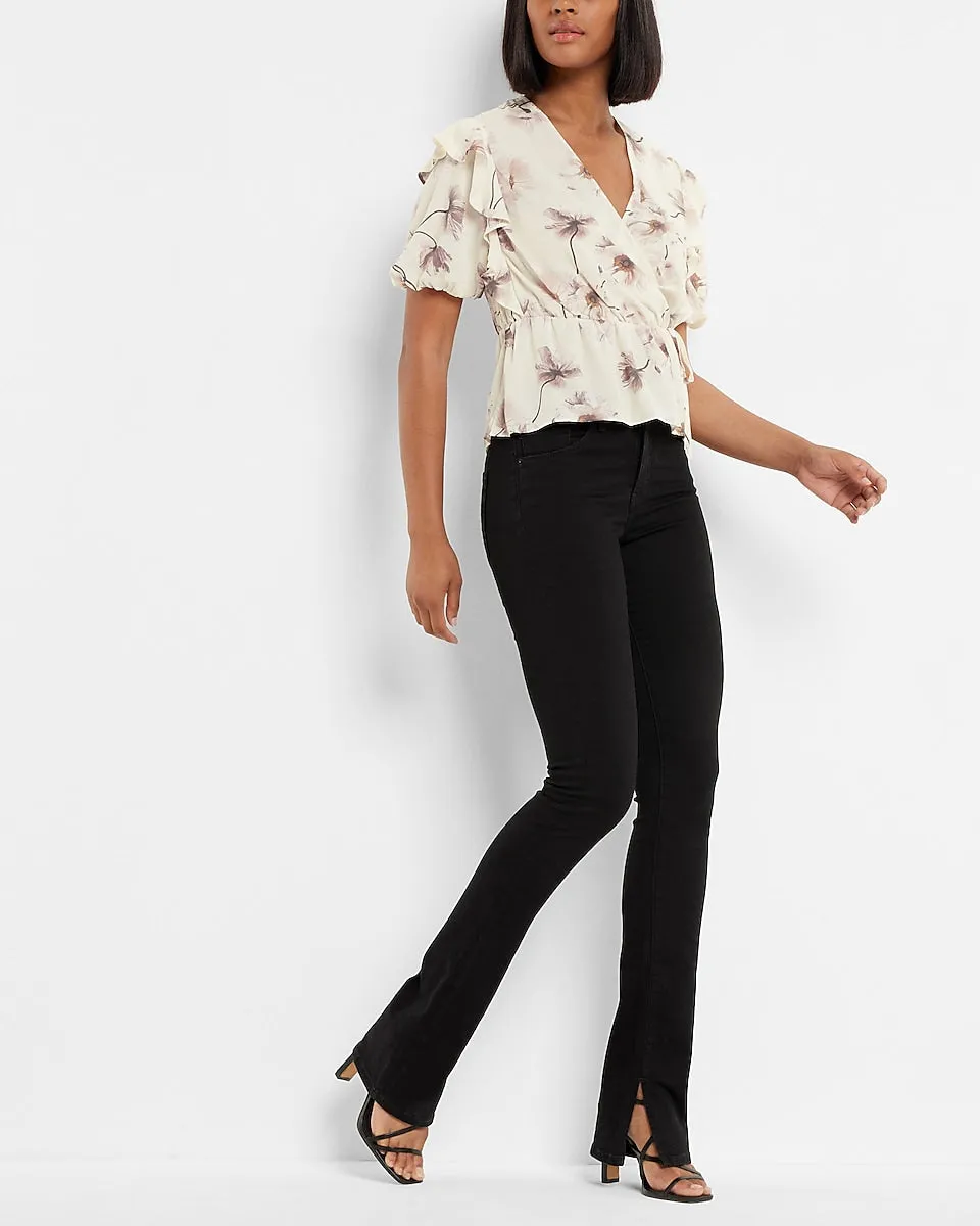 Conscious Edit Floral Ruffle Sleeve Peplum Blouse in Neutral Print