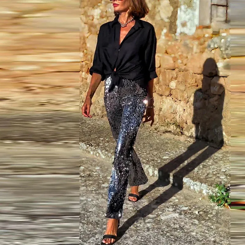 Elegant Elastic high rise sequin trousers
