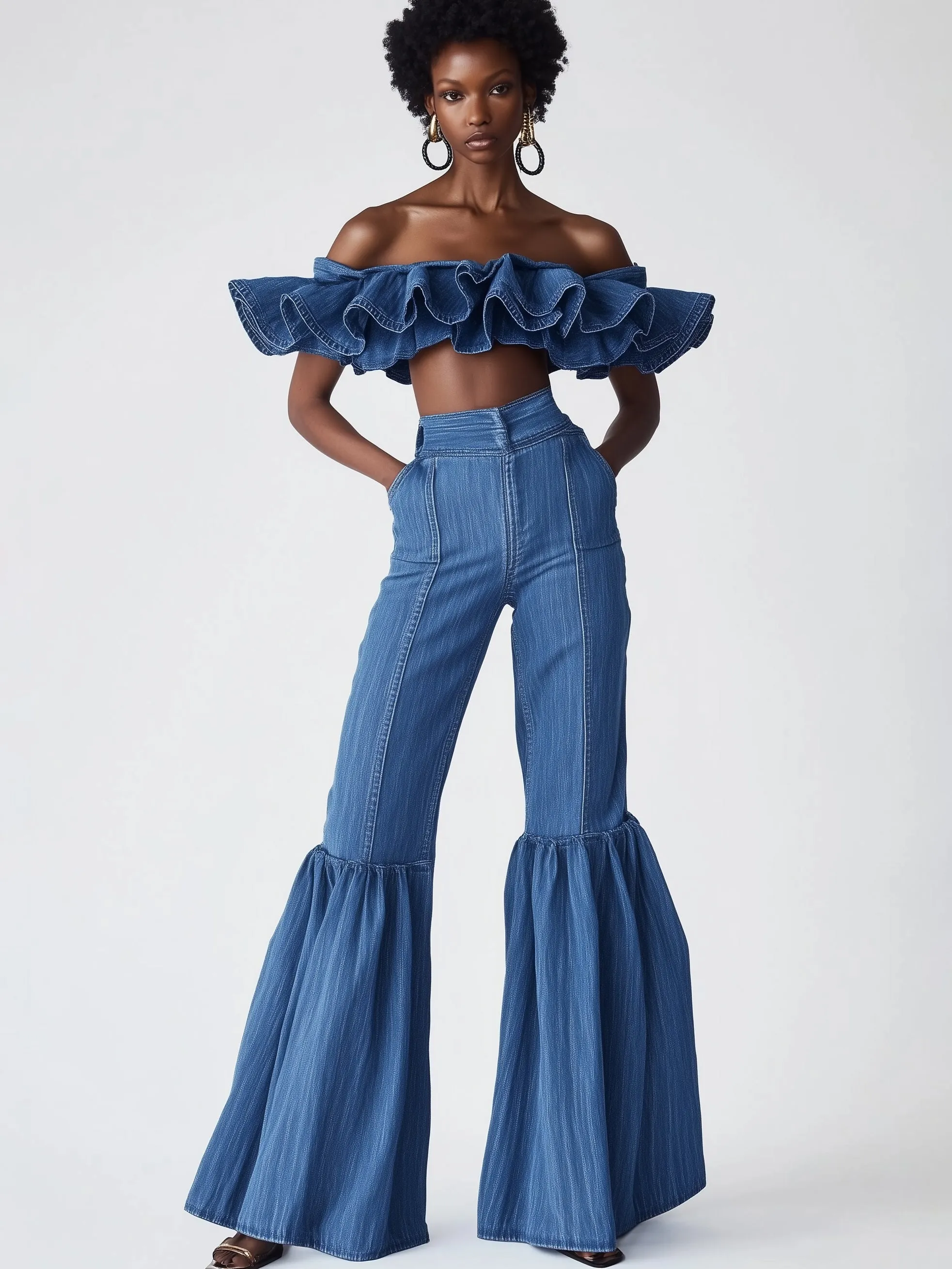 Elegant High Waist Flared Denim Trousers