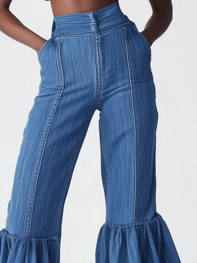 Elegant High Waist Flared Denim Trousers