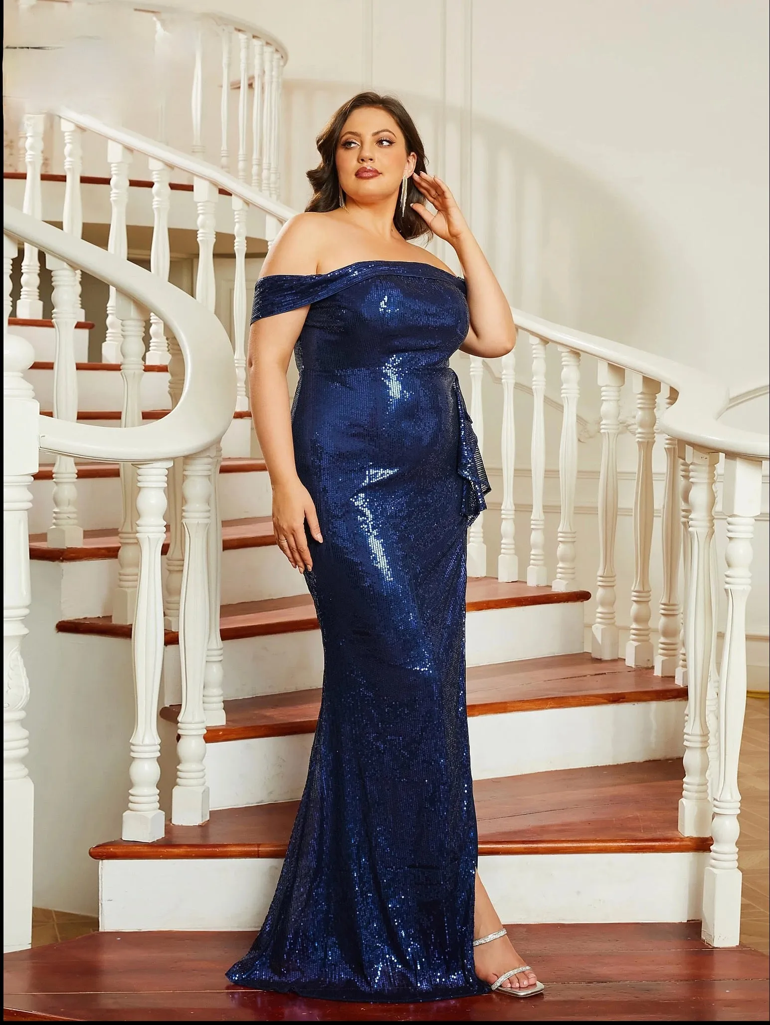 Elegant Party Dress Off Shoulder Ruffled High Split Formal Evening Gown