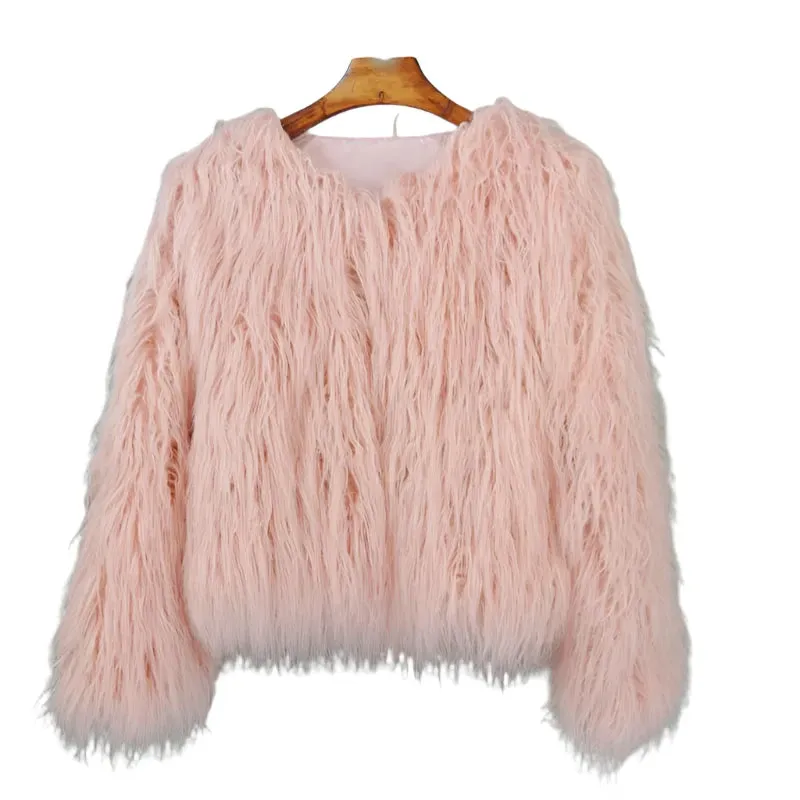 Elegant Pink Faux Fur Coat – Women's Thick, Warm, Fashionable Winter Jacket for Autumn