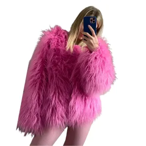 Elegant Pink Faux Fur Coat – Women's Thick, Warm, Fashionable Winter Jacket for Autumn