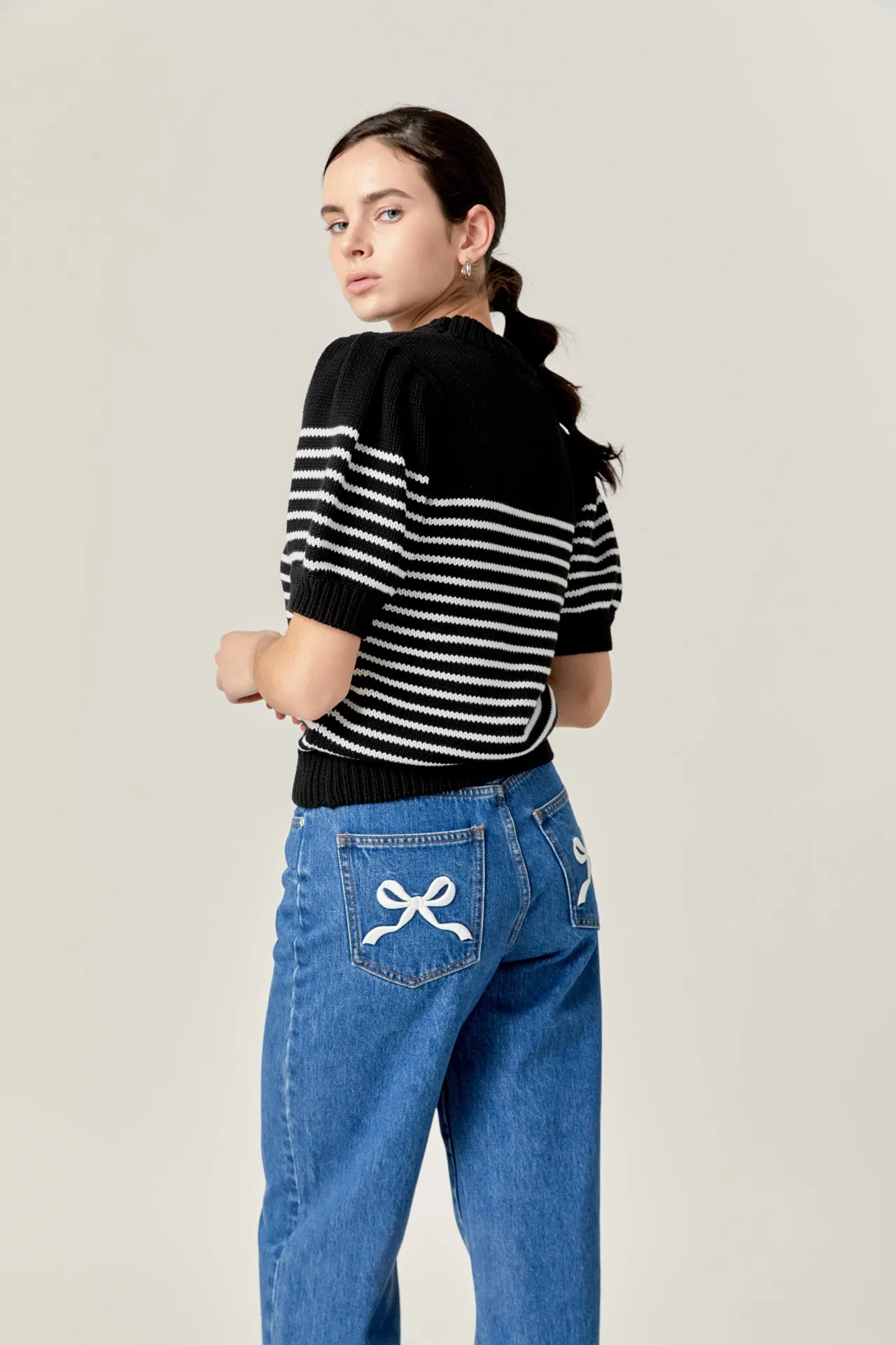 Embroidered Bow Denim
