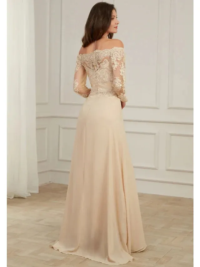 Evening Gown Elegant Dress Wedding Guest Floor Length Long Sleeve Off Shoulder Polyester with Overskirt Appliques