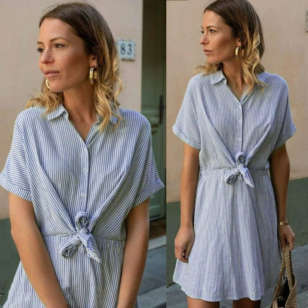 FashionSierra - New Women Short Sleeve Button Bandage Dress Summer Ladies V Neck Belted Casual Beach Party Striped Sundress