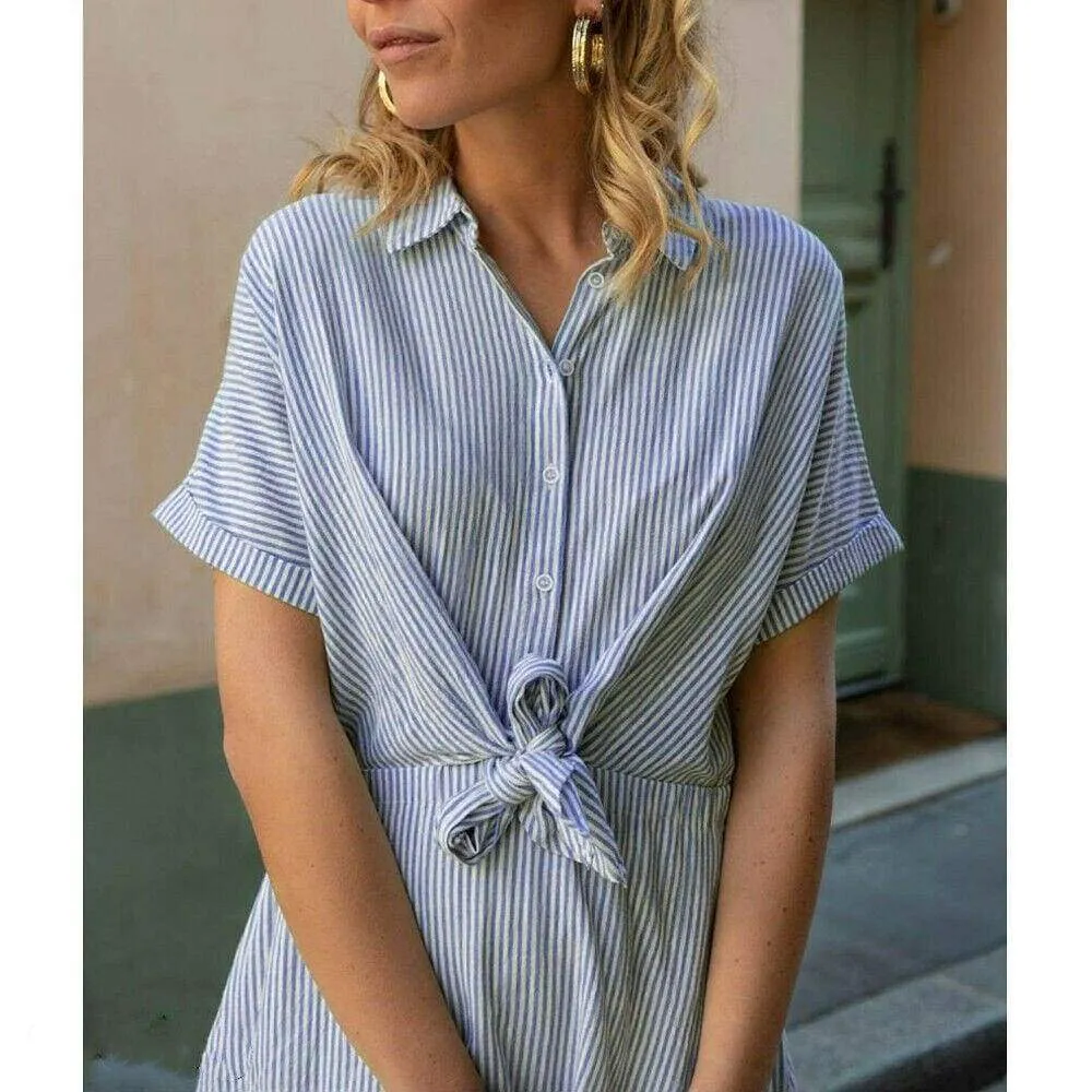 FashionSierra - New Women Short Sleeve Button Bandage Dress Summer Ladies V Neck Belted Casual Beach Party Striped Sundress