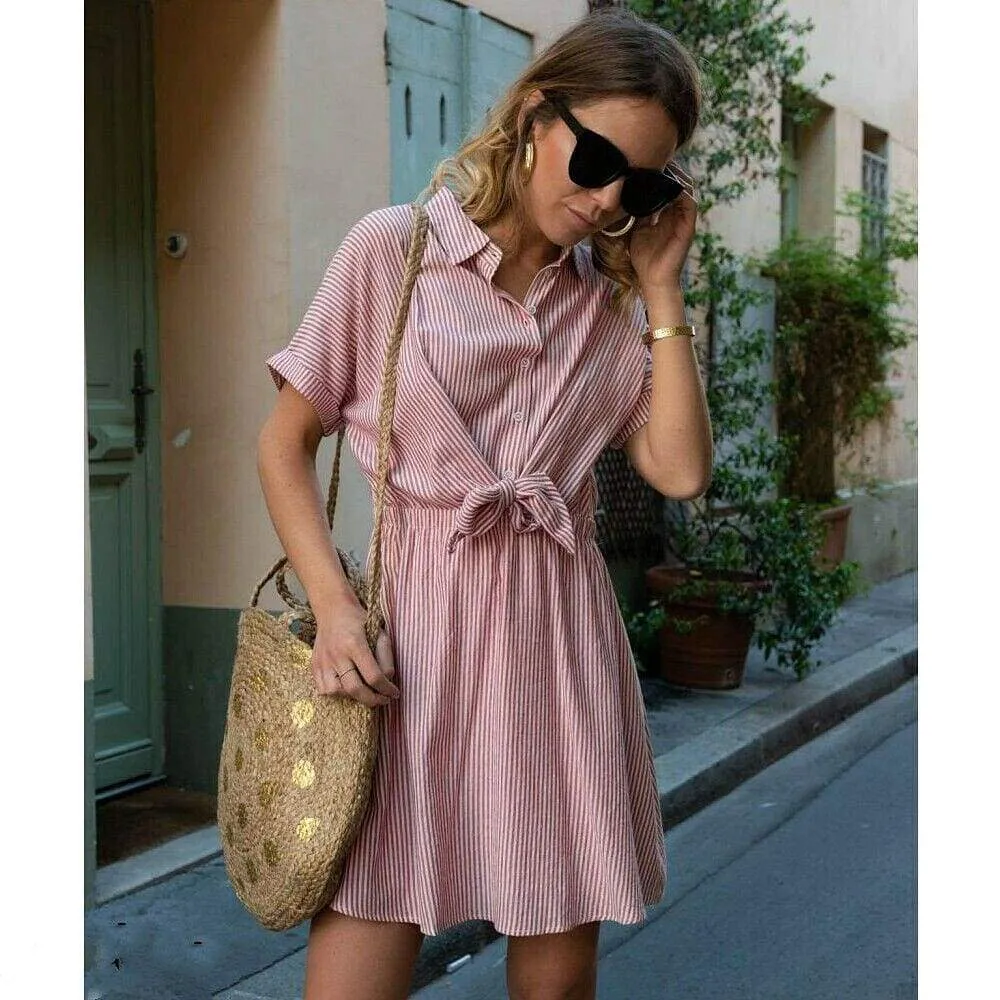 FashionSierra - New Women Short Sleeve Button Bandage Dress Summer Ladies V Neck Belted Casual Beach Party Striped Sundress