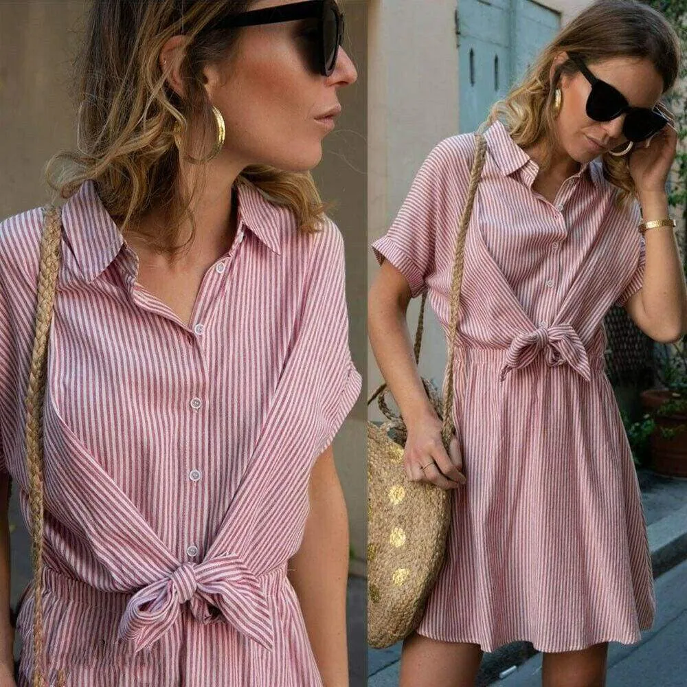 FashionSierra - New Women Short Sleeve Button Bandage Dress Summer Ladies V Neck Belted Casual Beach Party Striped Sundress