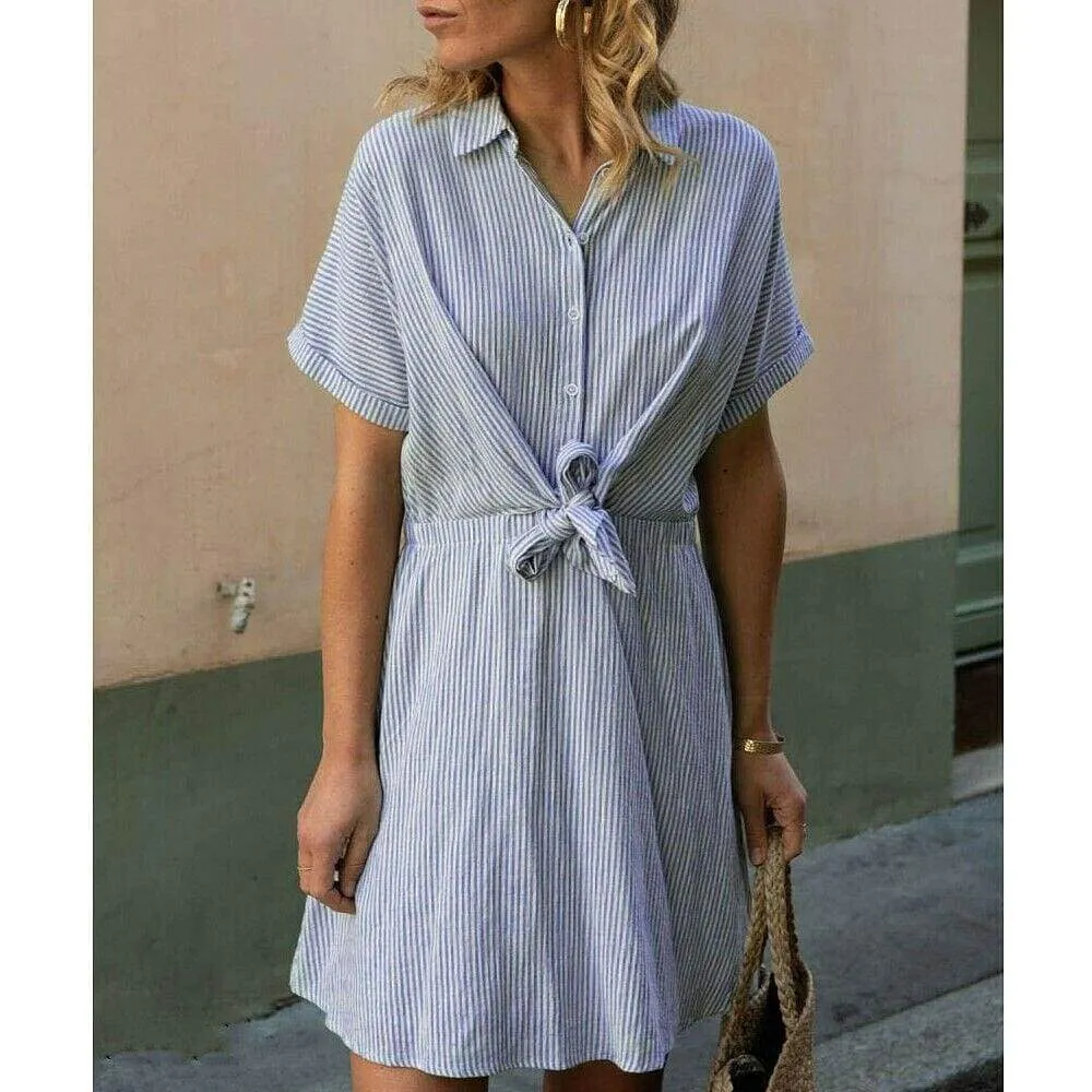 FashionSierra - New Women Short Sleeve Button Bandage Dress Summer Ladies V Neck Belted Casual Beach Party Striped Sundress