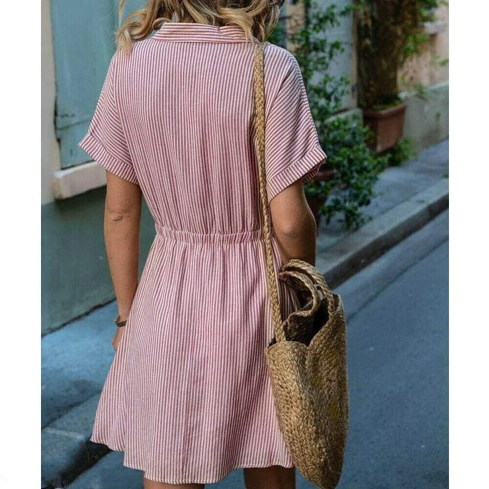 FashionSierra - New Women Short Sleeve Button Bandage Dress Summer Ladies V Neck Belted Casual Beach Party Striped Sundress
