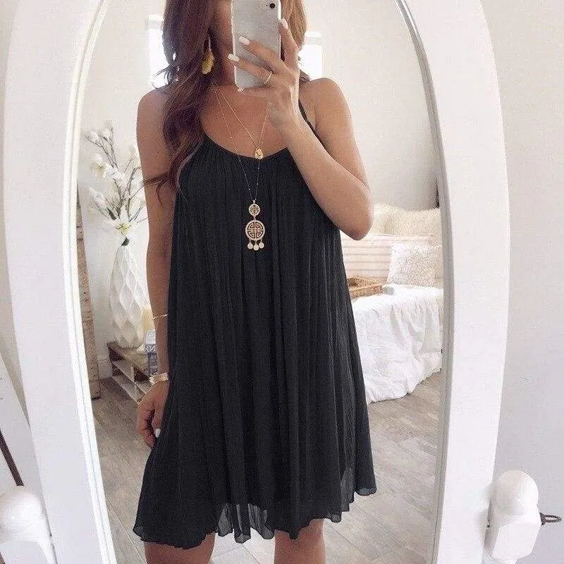 FashionSierra - Plus Size Women Chiffon Summer Casual Sleeveless Dress New Fashion Solid Strappy Beach Sundress Short Dress