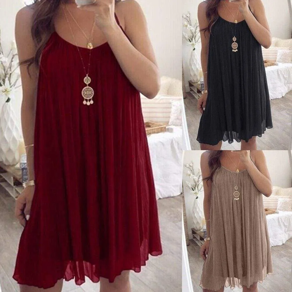 FashionSierra - Plus Size Women Chiffon Summer Casual Sleeveless Dress New Fashion Solid Strappy Beach Sundress Short Dress