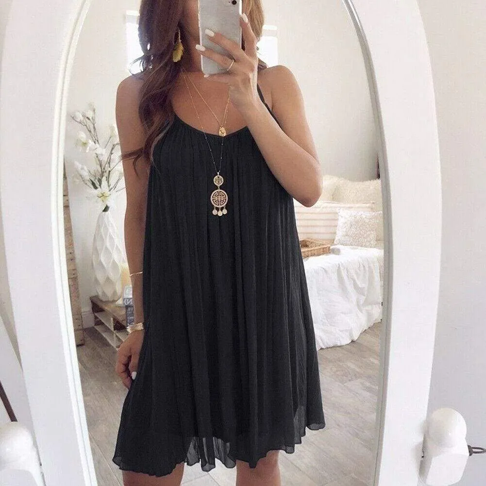 FashionSierra - Plus Size Women Chiffon Summer Casual Sleeveless Dress New Fashion Solid Strappy Beach Sundress Short Dress