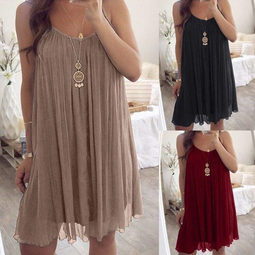 FashionSierra - Plus Size Women Chiffon Summer Casual Sleeveless Dress New Fashion Solid Strappy Beach Sundress Short Dress