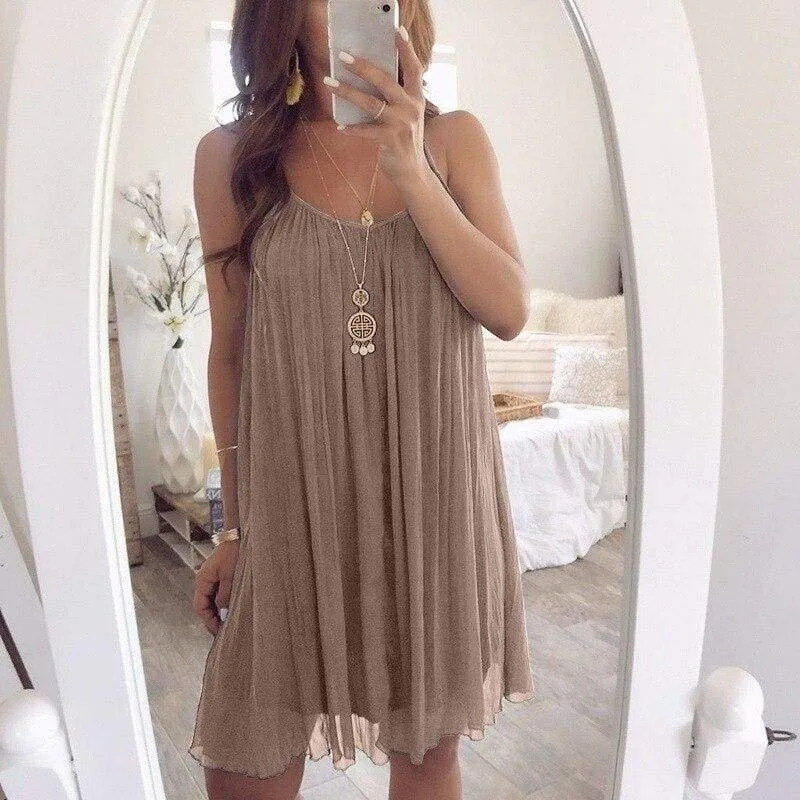FashionSierra - Plus Size Women Chiffon Summer Casual Sleeveless Dress New Fashion Solid Strappy Beach Sundress Short Dress