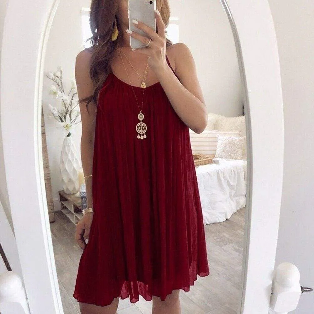 FashionSierra - Plus Size Women Chiffon Summer Casual Sleeveless Dress New Fashion Solid Strappy Beach Sundress Short Dress