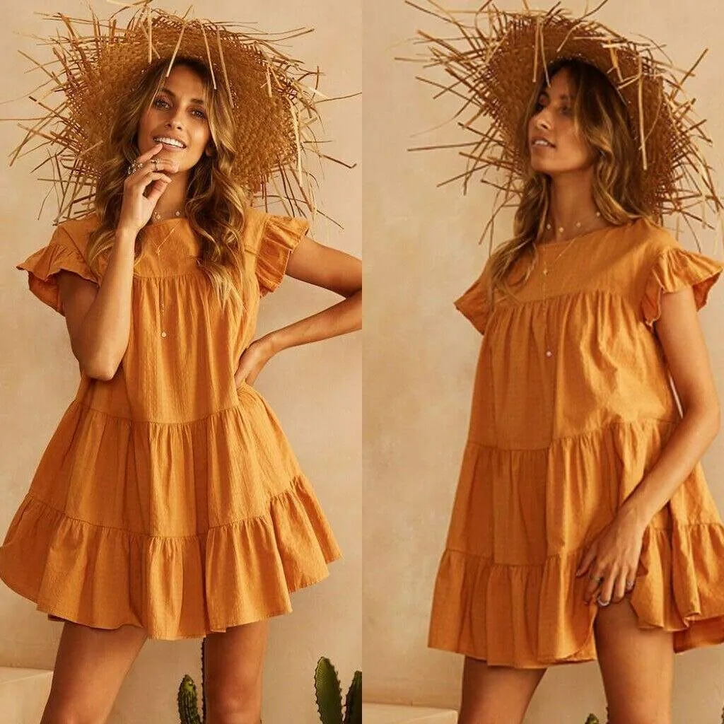 FashionSierra - Summer Women Ruffle Sleeveless Evening Party Beach Holiday Loose Dress Simple Casual Solid Vacation Sundress